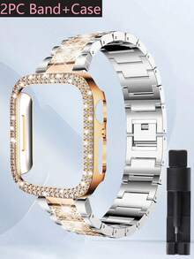 一套，兼容苹果手表表带+表壳，玫瑰金金属表带，镶嵌闪亮钻石，兼容苹果手表38/40/41/42/44/45/46/49毫米，兼容苹果手表Ultra/SE/10/9/8/7/6/5/4/3/2/1，女士表带，智能手表配件 - 玫間銀 - 查看 3