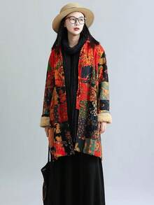 LUZU JUNU Women's Trench Coat Floral Print Long Cotton Linen Jacke Cottagecore Clothing Patchwork Outwear Bohemian Unique - 黃色夾克毛絨襯裡 - 查看 7