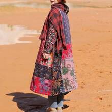 LUZU JUNU Women's Trench Coat Floral Print Long Cotton Linen Jacke Cottagecore Clothing Patchwork Outwear Bohemian Unique - 玫瑰暖絎縫 - 查看 4