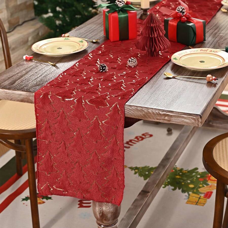 Șervețel de masă pentru brad de Crăciun cu folie aurie, decor de masă de Crăciun cu folie aurie - fabricat din țesătură de poliester, decor dreptunghiular de bucătărie pentru sărbători, potrivit pentru reuniuni de familie, atmosferă de petrecere de Crăciun