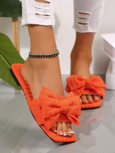 Women's Casual Solid Color Bowknot Plush Slip-On Flat Open Toe Slippers, European & American New Style, Suitable For Autumn/Winter