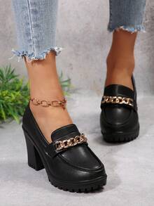 Women's Gold Chain Buckle Loafers, Black Chunky Heel Platform Shoes - Black (thin Chain) - View 3
