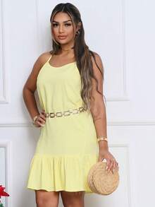 Loose Women's Dress With Adjustable Straps - Viscose Fabric - Vàng nhạt - Xem 1