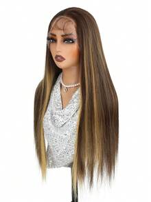 Free Part 13*6 Lace Front Wigs 28 Inches Black Brown Blonde Dark BrownStraight Hair With Natural Curls At The End Hair Glueless Lace Wigs Silky Synthetic Long Silk Straight Natural Wig Heat Resistant Fiber Wig With Baby Hair For Women,Pre-Plucked With Adjustable Straps For Daily Wear Christmas Halloween - Multicolor - View 8