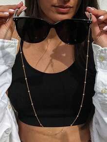 1 件极简波西米亚风格金属串珠眼镜链，防滑眼镜架，适合女性日常佩戴和眼镜装饰（珠子数量和长度随机，橡胶圈可拆卸） - 金色 - 查看 1