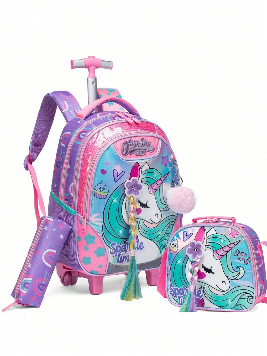 3pcs/Set Girls Rolling Backpack With Lunch Bag And Pencil Case, Lightweight Wheeled School Bag Suitable For Girls