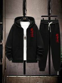 Conjunto de sudadera con capucha y pantalón de chándal con estampado gráfico de samurái para hombre de talla grande, otoño/invierno