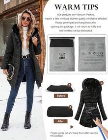 Women's Winter Windproof Fur Warm Slim Fit Down Jacket - Long Ski Coat For Commuting - 黑色 - 查看 7