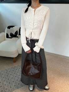 Damski kardigan w nowym stylu, w kolorze morelowym, z okrągłym dekoltem, długim rękawem, ściągaczem u dołu i guzikami, szydełkowany, z teksturą, modny i elegancki, prosty, sportowy, rekreacyjny, lekki, dzianinowy top Y2K, na jesień i zimę