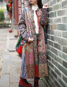 LUZU JUNU Women's Trench Coat Floral Print Long Cotton Linen Jacke Cottagecore Clothing Patchwork Outwear Bohemian Unique - 復古灰 - 查看 4