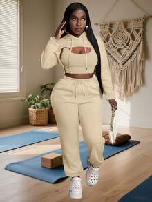 Womens 3 Piece Tracksuits Sexy Workout Sets Fall Long Sleeve Pullover Hoodie With Tank Top & Joggers Sweatsuit Outfits Gym Yoga Casual Wear - 杏色 - 查看 4