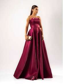 Women's Long Strapless Zibeline Dress Simple Elegant Party Satin Zipper Pocket Side Slit Godmother Civil Wedding Debutante Graduate Party Birthday Party Anniversary Party Graduation Party Formal And Evening Photoshoot Wedding Guest Prom - Màu Hoa hồng đỏ - Xem 5