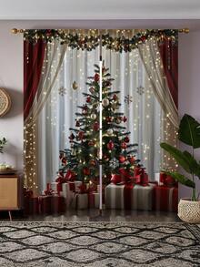 2 piezas Cortinas con estampado de árbol de Navidad - Cortinas de poliéster con estampado digital y ojales, adecuadas para sala de estar, dormitorio, cocina y decoración navideña del hogar, decoraciones navideñas, decoración de habitación - Multicolor - Ver 8
