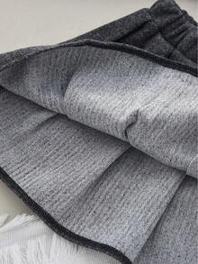 2pcs Girls Winter Outfit, Gray Tweed Long Sleeve Single-Breasted Pocket Jacket And Pleated Skirt Set - Grey - View 8