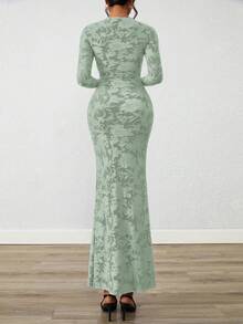 Women Elegant Floral Lace Long Sleeve Bodycon Maxi Dress Spring Fall Autumn Prom Wedding Guest Outfits - 淺綠色 - 查看 2
