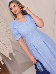 Elegant Women's Dress Simple Embroidery Button Women's All - 3D藍色 - 查看 3