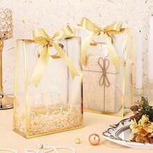 1/4/12 túi quà trong suốt có ruy băng, thích hợp cho tiệc mừng em bé chào đời, lễ tốt nghiệp, đám cưới, tiệc cô dâu, sinh nhật, tiệc tùng, kinh doanh, Kích thước: 7x10x3.15 inch (Giấy nhũ vàng) - Nhiều màu-Vàng - Xem 4