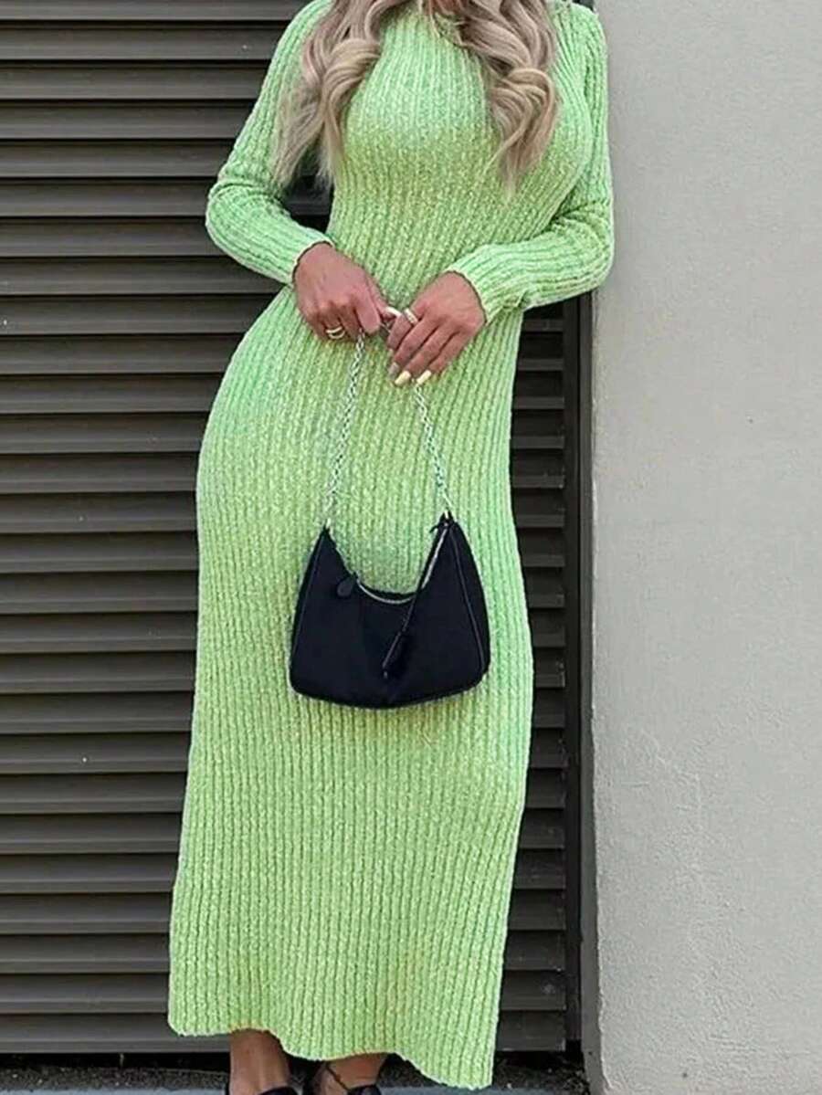 Vestido longo de malha feminino para outono e inverno, lã lisa confortável e macia, roupa elegante e casual para encontros, roupa política para encontros com mangas compridas e gola redonda, roupa para o Dia dos Namorados, roupa para a volta às aulas, roupa para cartões perfurados, vestido pulôver de lã