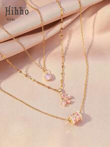 Hihho 3 件套时尚优雅项链套装，锆石镶嵌腰部设计圆柱形吊坠，方形吊坠，可爱蝴蝶吊饰，奢华珠宝礼物，适合女士 - 粉色 - 查看 2