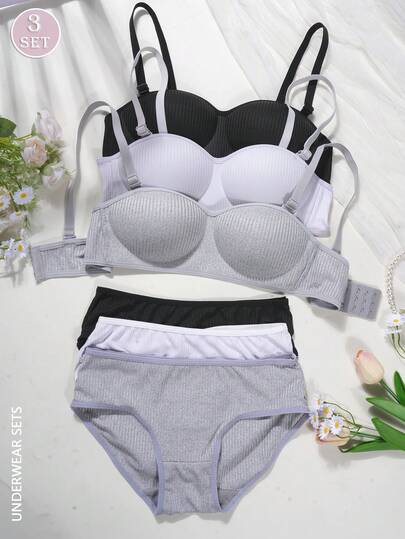 Conjunto de 6 sutiãs canelados com bojo moldado de cor sólida para meninas adolescentes, adequado para meninas com seios pequenos, sutiã multifuncional com alças removíveis que pode ser usado como um top tomara que caia no verão