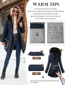 Women's Winter Windproof Fur Warm Slim Fit Down Jacket - Long Ski Coat For Commuting - Navy - 查看 7