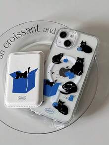 طقم كوري من تصميم فريد بتوضيح قطة سوداء مغناطيسية شفافة من الاكريليك لهاتف آيفون 17 برو ماكس/17 برو/هونفون 14/15 برو ماكس/13/12/11 مع حامل بطاقات جلدي مغناطيسي، حالة هاتف مضادة للسقوط