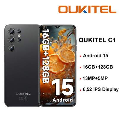  OUKITEL C1 无锁智能手机，6.52 英寸高清+显示屏，16 (4+12) GB + 128 GB，Android 15，双卡双待 4G，13MP + 5MP 摄像头，5150mAh 电池，指纹解锁，OTG/GPS（不含充电器）