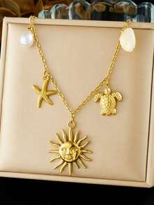 1 Gold-Plated Face Sun Starfish Turtle Pendant, Thin Chain, Stainless Steel Simple Heavy Industry Jewelry Necklace