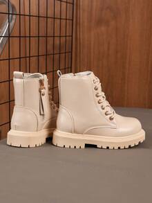 1 Pair Toddler Girls' Ivory Boots, Soft & Comfortable PU Material, Front Lace-Up With Golden Eyelets, Side Zipper, Round Toe, Thick Sole, Fashion & Cute Princess Style, Suitable For 3-12 Years Old, Casual, School, Holiday Wear, Autumn/Winter New - Beige - View 4