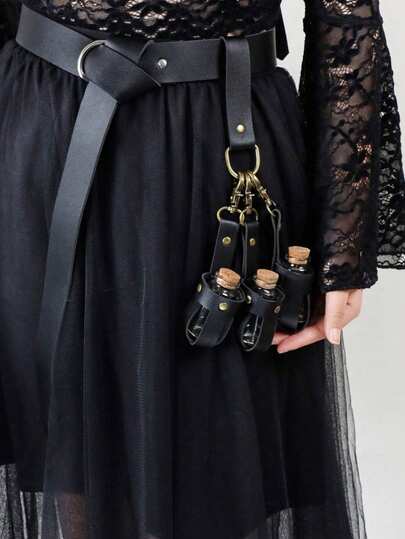 1 Set Medieval Alchemy PU Leather 3 Bottles Wooden Potion Bottles, Fantasy Waist Bag Side Bag, Viking Cosplay Accessories Belt Loop, Renaissance Witch Props Magic Bottles, Steampunk Costume Set Halloween Costume