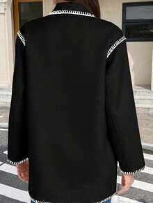 女士休闲优雅撞色滚边口袋前开襟纽扣大衣，秋冬款 - 黑色 - 查看 7