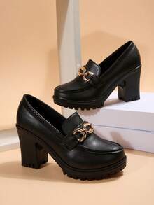 女士黑色厚底高跟乐福鞋，链条搭扣，一脚蹬厚底鞋 - 黑色(粗鏈條) - 查看 8