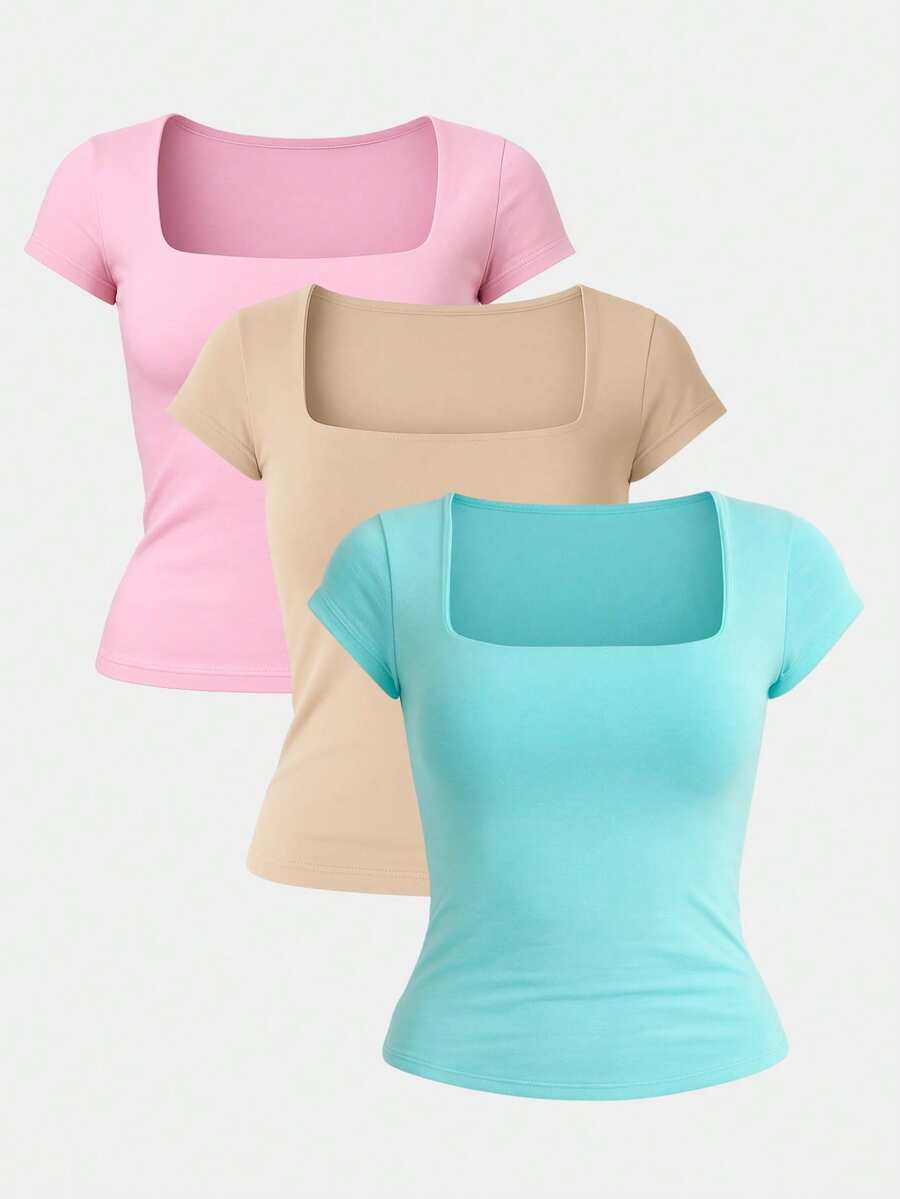 Kit 3 Women's Short Sleeve Suplex Blouse Cold Mesh Basic Blouse - Aqua Green, Nude and Danone Pink - View 1