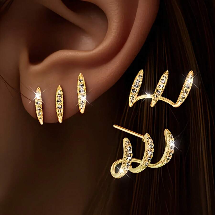 Pair, Silver/Gold Women's Claw Set With Ultra Shiny Synthetic Zirconia Earrings, Sparkling, Exquisite And Cute, Luxurious And Elegant, Suitable For All Occasions, Perfect Gift For Women