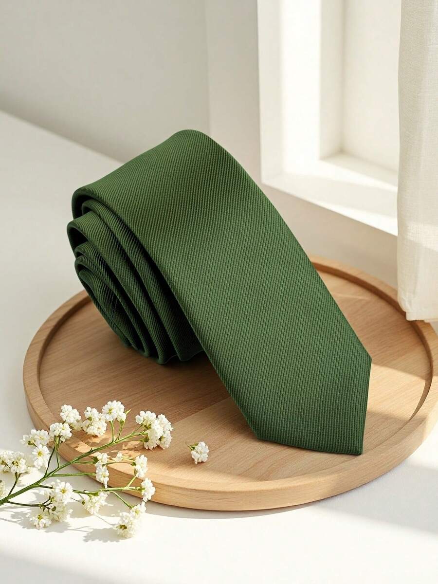 1 件男士修身橄榄绿领带，时尚领带，适合婚礼、派对