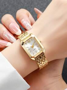 1pc Women's Fashion Square Roman Numeral Dial Quartz Wrist Watch, Classic & Elegant - Gold - View 2