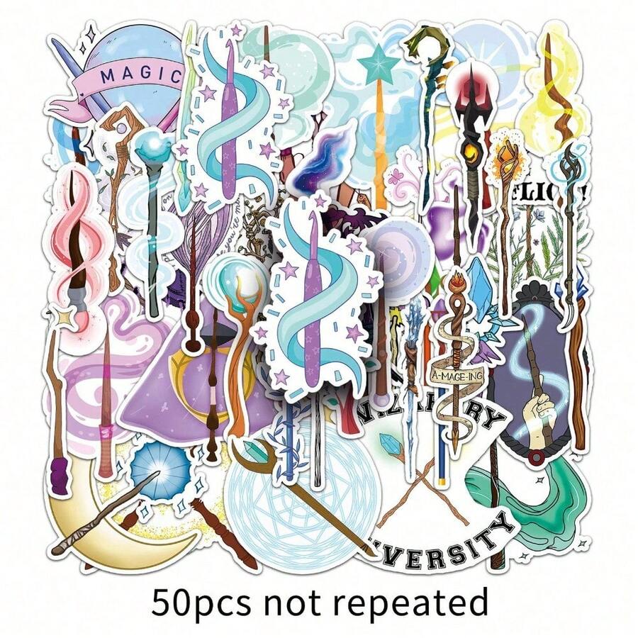 1 Pack Of 50 Witch Magic Wand Stickers Wand Cartoon Graffiti Waterproof Decoration  Cup Hand Tent Goo Card Sticker Halloween School Season Label Process Sticker