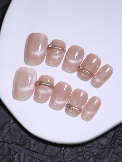 10 pezzi di unghie finte quadrate corte con sfumature color cachi a forma di occhio di gatto, realizzate a mano con strisce dorate semplici ed eleganti in stile francese, riutilizzabili, per l'autunno e l'inverno, fai-da-te per la cura delle unghie per la vita quotidiana