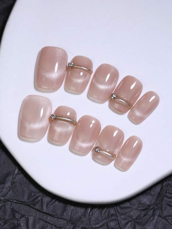 10 pezzi di unghie finte quadrate corte con sfumature color cachi a forma di occhio di gatto, realizzate a mano con strisce dorate semplici ed eleganti in stile francese, riutilizzabili, per l'autunno e l'inverno, fai-da-te per la cura delle unghie per la vita quotidiana