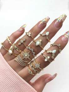 1 pezzo Ritratto di donna vintage, Croce, Cuore, Motivo Mano di Fatima Set di 15 anelli, Gioielli di moda da donna, Anelli cubici di zirconia minimalisti e delicati