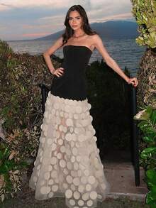 Women's Sexy Mesh Patchwork Strapless Backless 3D Floral Decor Bodycon Maxi Dress, Sleeveless, Suitable For Runway, Gala, Party