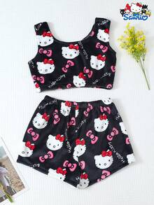 SANRIO Women's Hello Kitty Plush Pajama Set, Autumn/Winter Camisole Top And Bow Shorts, Soft Comfortable Casual Sleepwear Homewear Set - 黑色 - 查看 2