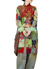 LUZU JUNU Women's Trench Coat Floral Print Long Cotton Linen Jacke Cottagecore Clothing Patchwork Outwear Bohemian Unique - 綠夾克 - 查看 1