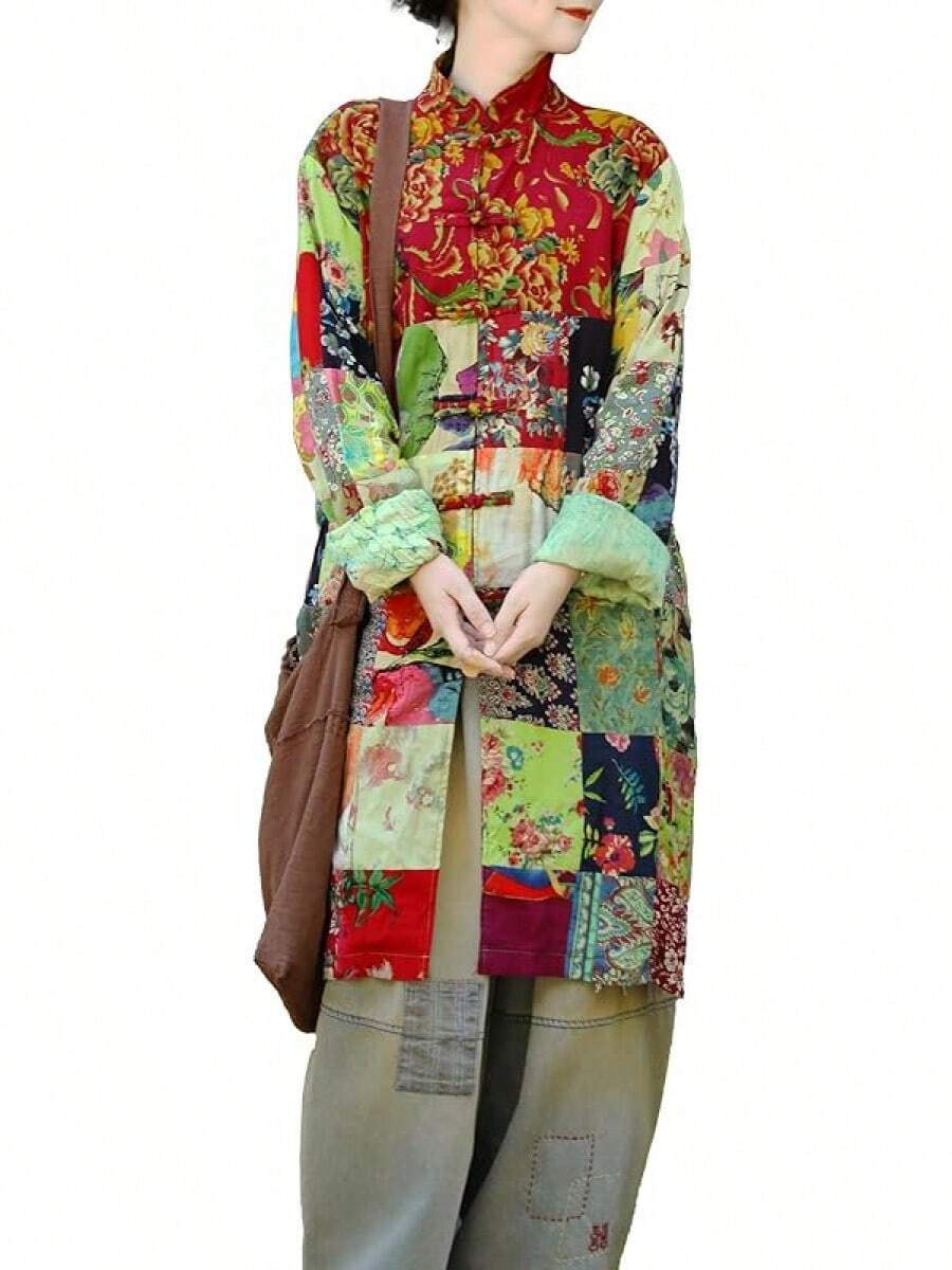LUZU JUNU Women's Trench Coat Floral Print Long Cotton Linen Jacke Cottagecore Clothing Patchwork Outwear Bohemian Unique - 綠夾克 - 查看 1