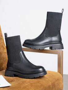 Giày bốt dệt kim co giãn đường may đơn giản và thời trang - màu đen - Xem 2