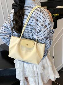 Minimalist Style Solid Color Women's Shoulder Bag, High-End Button Decorated Tote Bag, Fashionable Pleated Design Lightweight Storage Commuter Bag, Suitable For College Students' Daily Travel Lightweight Storage Shoulder Bag, Magnetic Buckle Opening And Closing Multifunctional Lightweight Storage Commuter Bag, Wear-Resistant Fabric Material Handbag, Suitable For Giving To Friends, Shopping, Dating, Business Trips, Travel Vacations - Màu vàng - Xem 4