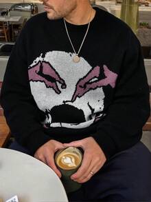 ANDREILEE 秋冬新款男士休闲宽松街头风复古美式骷髅暗黑风针织圆领毛衣 - 黑色 - 查看 1