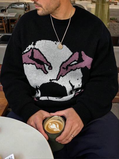 ANDREILEE 秋冬新款男士休闲宽松街头风复古美式骷髅暗黑风针织圆领毛衣