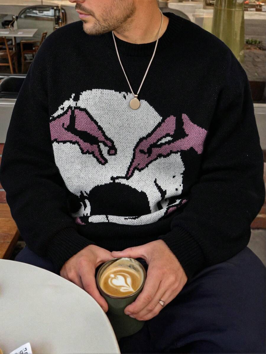 ANDREILEE 秋冬新款男士休闲宽松街头风复古美式骷髅暗黑风针织圆领毛衣 - 黑色 - 查看 1