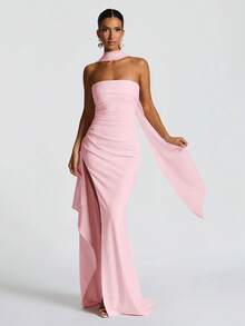 露背修身开衩连衣裙，配腰带，伴娘礼服，万圣节派对礼服，圣诞节派对礼服，优雅 - 粉色 - 查看 2
